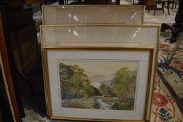 Decorative watercolour and two prints.