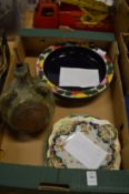 A French Rouen dish, Bursley ware bowl, salt glazed bottle vase and other items.