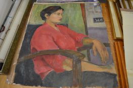 Seated female figure, oil on canvas, unframed and another.