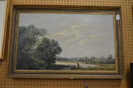 Circle of F W Watts, figures in a rowing boat with an open landscape beyond, oil on board.