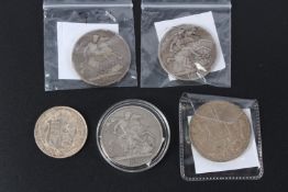 A George III Crown 1822, another for 1821, worn, an Edward VII Crown 1902, a George V Crown 1935 and