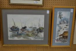 Abu Bakar Ibrahim, figures on a Malaysian beach, watercolour and a watercolour of fishing boats by