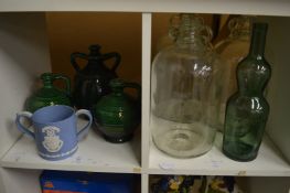 Wedgwood Jasperware loving cup, green glazed pottery jugs and other items.