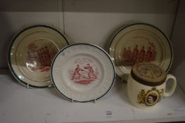 A late 19th century porcelain alphabet plate, the centre depicting 'sword exercise' together with