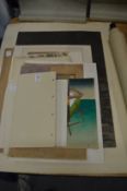A collection of folders containing unframed watercolours, drawings, engravings etc.