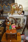 Childrens furniture to include a table and pair of chairs, a Victorian chair, bamboo rocking chair