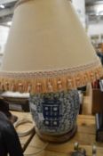 A Chinese blue and white jar converted to a table lamp.