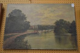 J Lewis, view of a river with moored barges, bridge and buildings, oil on canvas, unframed.