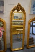 A decorative tall narrow gilt framed mirror, 195cm x 60cm.