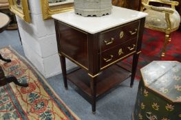 A good Empire style mahogany brass mounted marble topped two drawer table with undertier.