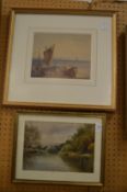 Fred Dixey, Wooded river landscape, watercolour together with a watercolour of moored fishing