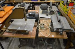 Various electric workshop equipment to include bandsaw, tabletop circular saws etc.