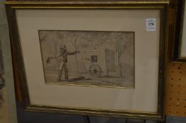 Comical scene of a figure in a cart, another seeking assistance, ink and sepia watercolour.