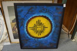 Edward Castro, Sun and symbols, oil on canvas together with a Salvador Dali print.