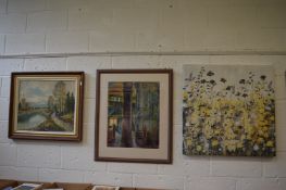 Jane Morgan, Spring grass, printed canvas, unframed a watercolour and another depicting an