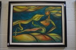 J C Dubalon, abstract figure study of reclining female nude and an animal, oil on board, signed.