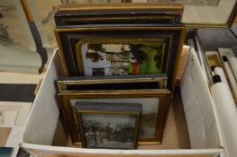 Three reverse paintings on glass together with a engraving of a bridge, small painting of a boatyard