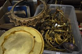 A large box of gilt, ormolu and other metalware.