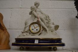A 19th century Parian ware mantel clock 'Leda and the Swan'.