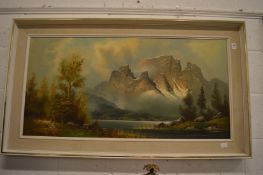 Mountainous river landscape, oil on canvas, framed.