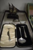 A small group of silver items to include a Christening set.
