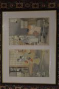A pair of Japanese wood block prints, framed as one.