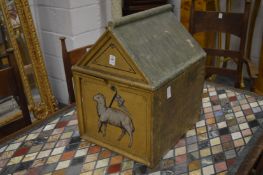 An unusual painted wood storage box with lockable hinged pitched roof, pair of hinged doors to one