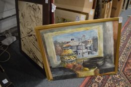 A group of four watercolours and oil paintings, three unfrramed.