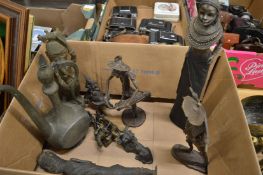 Benin style bronze figure and related items.