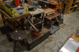 A stool, various tools, copper coal scuttle etc.
