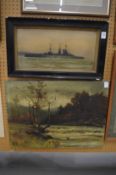 Royal Naval Battleship, oil on board together with a wooded river landscape, oil on canvas,