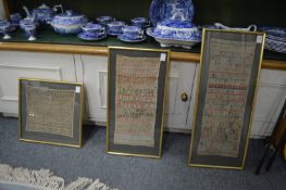 Three 19th century framed and glazed alphabet samplers.