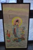 A Chinese School female deity with attendance, watercolour on paper, framed and glazed.