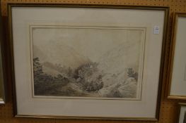Mountainous landscape, pencil and wash together with pencil sketch of a woman and a pencil and