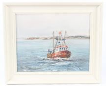 WYN APPLEFORD (1923-2016) Fishing boat off a coastline oil on canvas signed 27 x 34cm