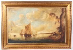 PIOTR SZYMSKI (1912-1969) Sailing boats off a shore oil on canvas (a/f) signed and dated 1984