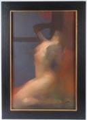 CONTEMPORARY SCHOOL Female nude kneeling oil on canvas signed indistinctly 74 x 49cm