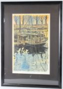 PAUL HIPKISS 'Boats Oosterdok, Amsterdam' coloured woodcut print variation 2, No.1 signed and