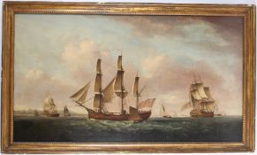 ATTRIBURED TO FRANCIS HOLMAN (1729-1784) The Columbus in three positions off the coast with other