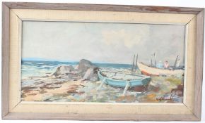 CONTINENTAL SCHOOL (20TH CENTURY) Fishing boats off a shoreline oil on canvas signed indistinctly 29