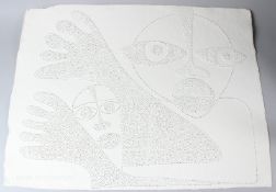 VICTOR EHIKHAMENOR (1970) Two heads and arms mixed media drawing perforated hand made paper signed
