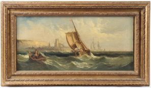 MARITIME SCHOOL (19TH CENTURY) Fishermen and shipping off a headland, oil on canvas, 18.5 x 40cm