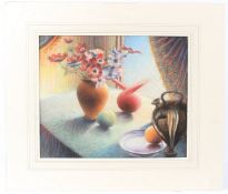 CONTINENTAL SCHOOL (20TH CENTURY) Still life of anemones, fruit and jugs on a table top coloured