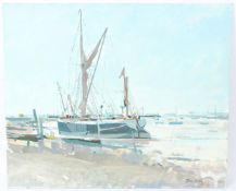 TOM ROBB (b.1933) Yacht moored on a quayside oil on artists canvas board signed unframed 51 x 61cm