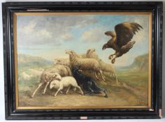 H DUBOIS Mountain scene of an eagle attacking sheep oil on canvas signed 69 x 99cm