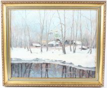 EUGENY YEGIN Lakeside winter woodland view of buildings oil on canvas signed 38 x 48.5cm