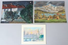 CONTINENTAL SCHOOL (20TH CENTURY) Westminster at sunset gouache signed indistinctly unframed 14 x