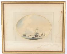 SAMUEL ATKINS Sailing ships at anchor watercolour oval mount 25.5 x 35cm
