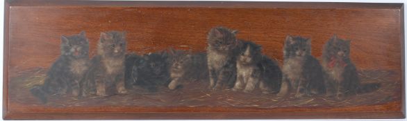 BESSIE BAMBER Line of eight kittens on straw oil on wooden panel signed with initials 31 x 103cm