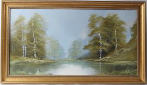 PAUL ATTFIELD (b.1950) Woodland view with lake and silver birch trees oil on canvas signed and dated